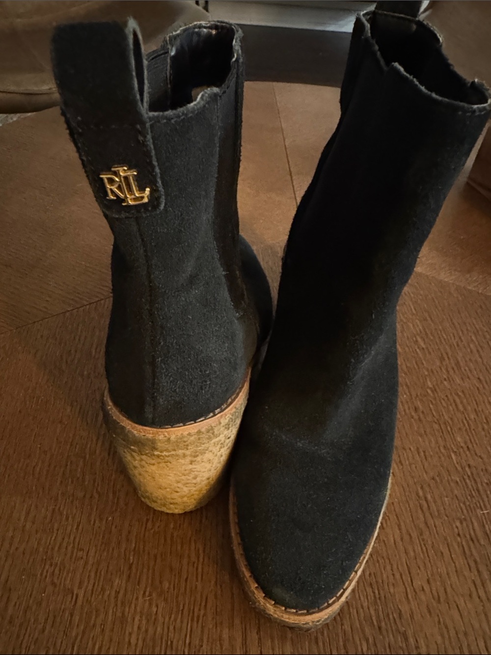 Ralph Lauren Black Suede Ankle Heeled Boots with Gold RL Emblem